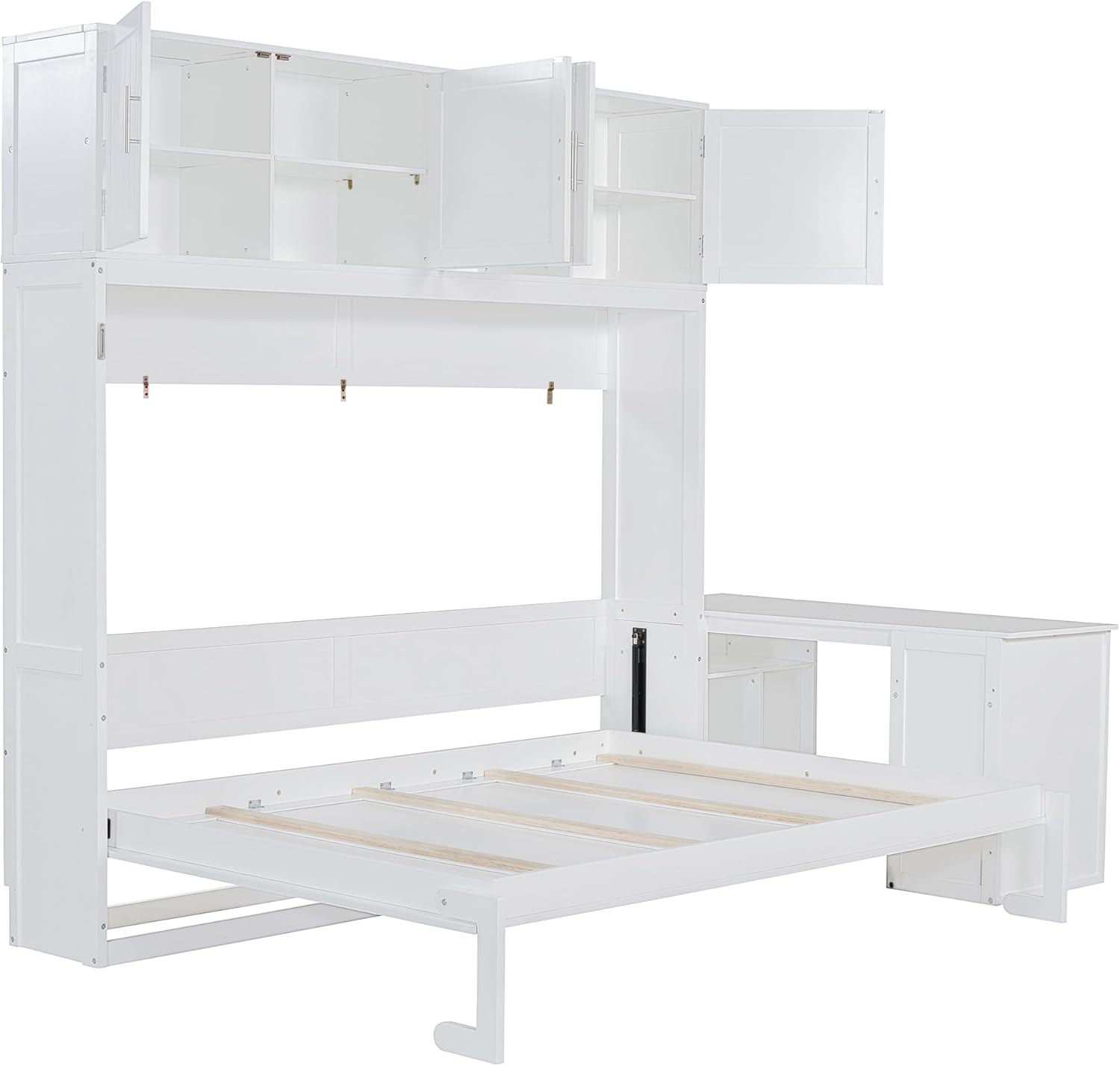 Queen Horizontal Murphy Bed with Desk and Storage Bookcase Shelves,Pine Wood Murphy Wall Bed with Storage Shelves and Desk,for Adults (White)