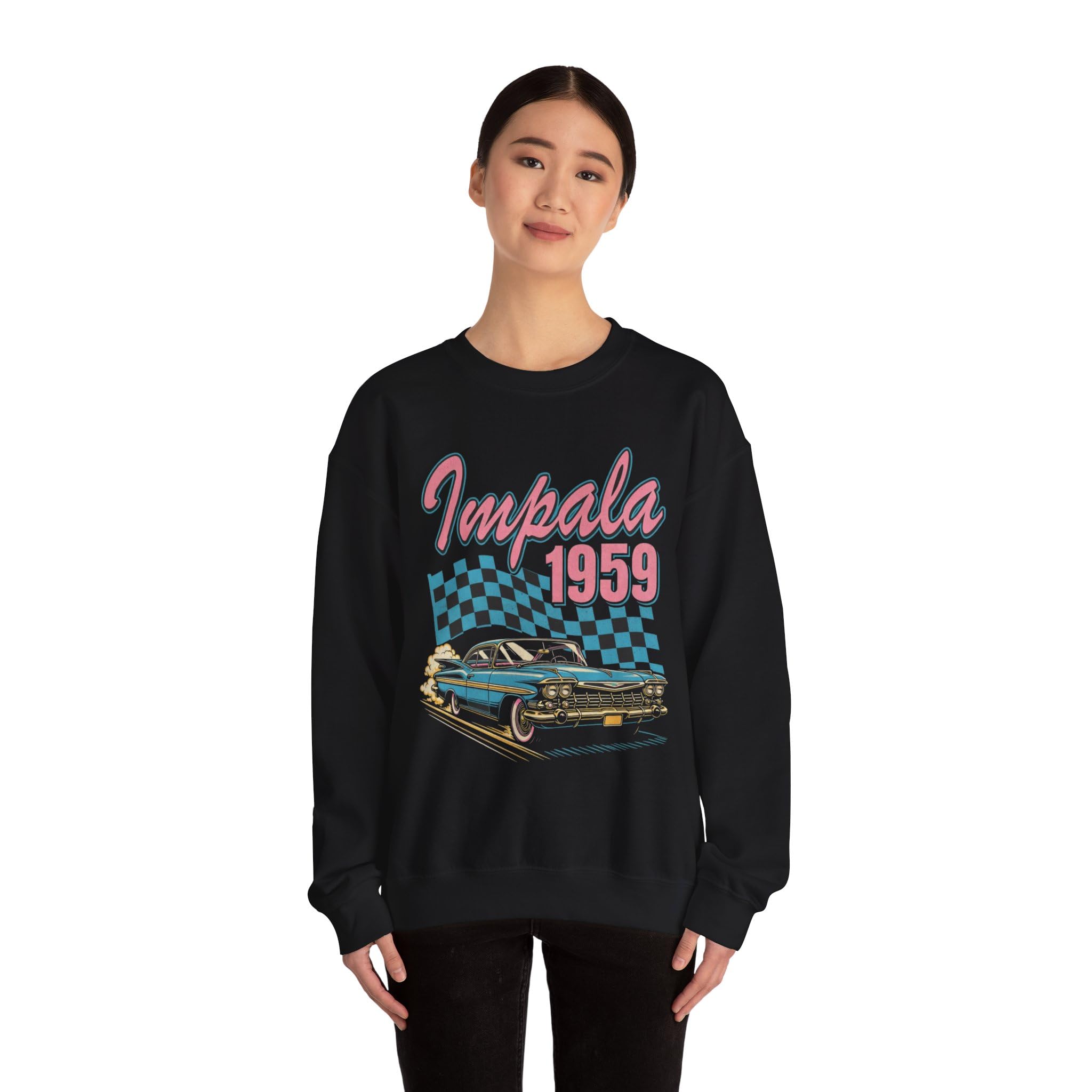 1959 Chevy Impala retro bluza vintage klasyczny samochód graficzny okrągły dekolt