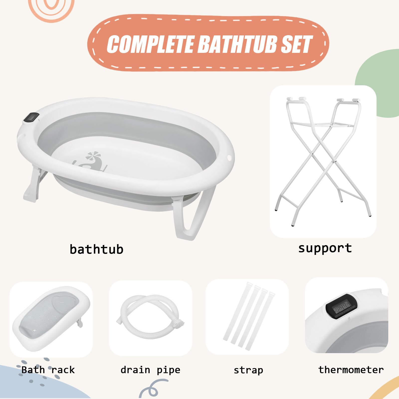 Bañera plegable para bebé, con soporte, termómetro y cojín de baño, bañera para bebé, apta para bebés de 0 a 36 meses (gris)