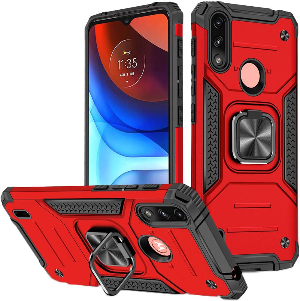 SDTEK Case Compatible with Motorola Moto E7i Power, Strong Rugged Hybrid Cover with Built in Magnetic Ring Holder (Red)