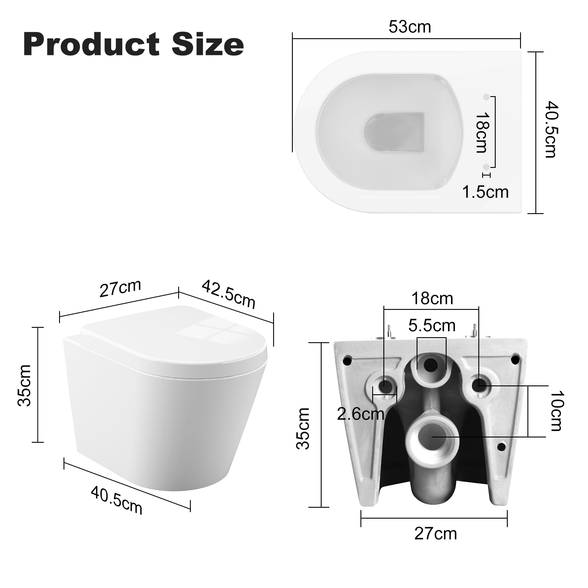 Toiletrandloos toilet met toiletdeksel, hangend toilet van keramiek