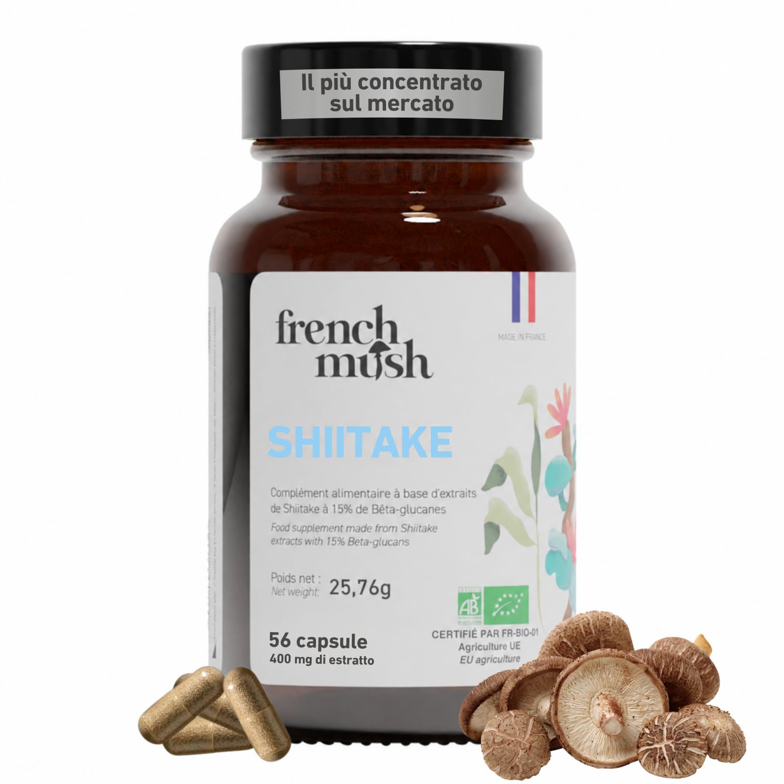 French Mush Shiitake Bio – 56 Capsule Vegane – Immunità, Digestione e Benessere Generale – Estratto Concentrato di Shiitake (Lentinula edodes) – 2 Capsule/Giorno – 100% Bio e Prodotto in Francia