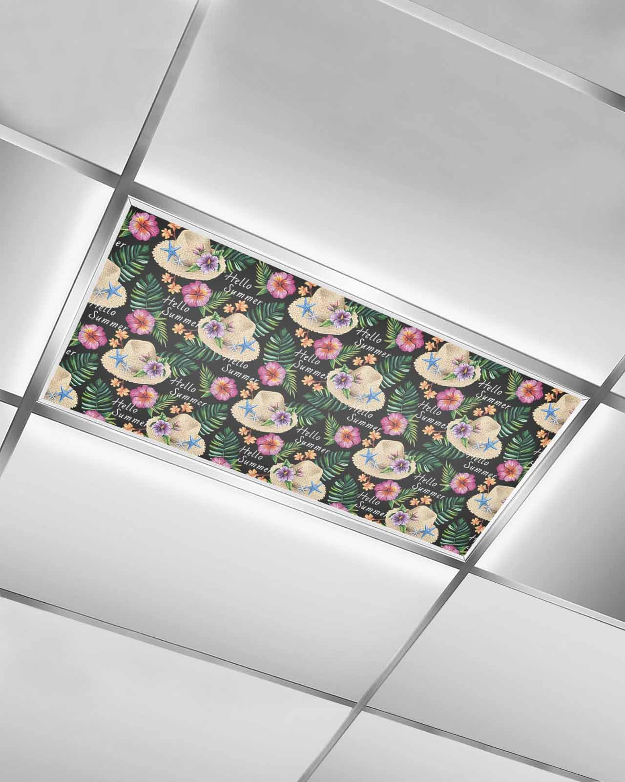 EwdeWwo Summer 1 Pcs Fluorescent Light Covers for Ceiling Lights, Tropical Palm Leaf Flower Black Magnetic Light Filters for Eliminate Harsh Glare Classroom Office Decoration, 4 x 2 Ft