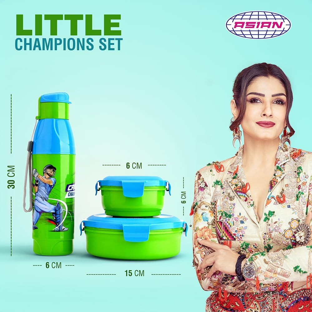 Asian Plastowares Little Champions 3-in-1 Insulated Lunch Box Set for Kids | 700ml Steel Tiffin, 500ml Water Bottle | Leakproof, BPA Free | Green & Blue| Must-Have Back to School Set