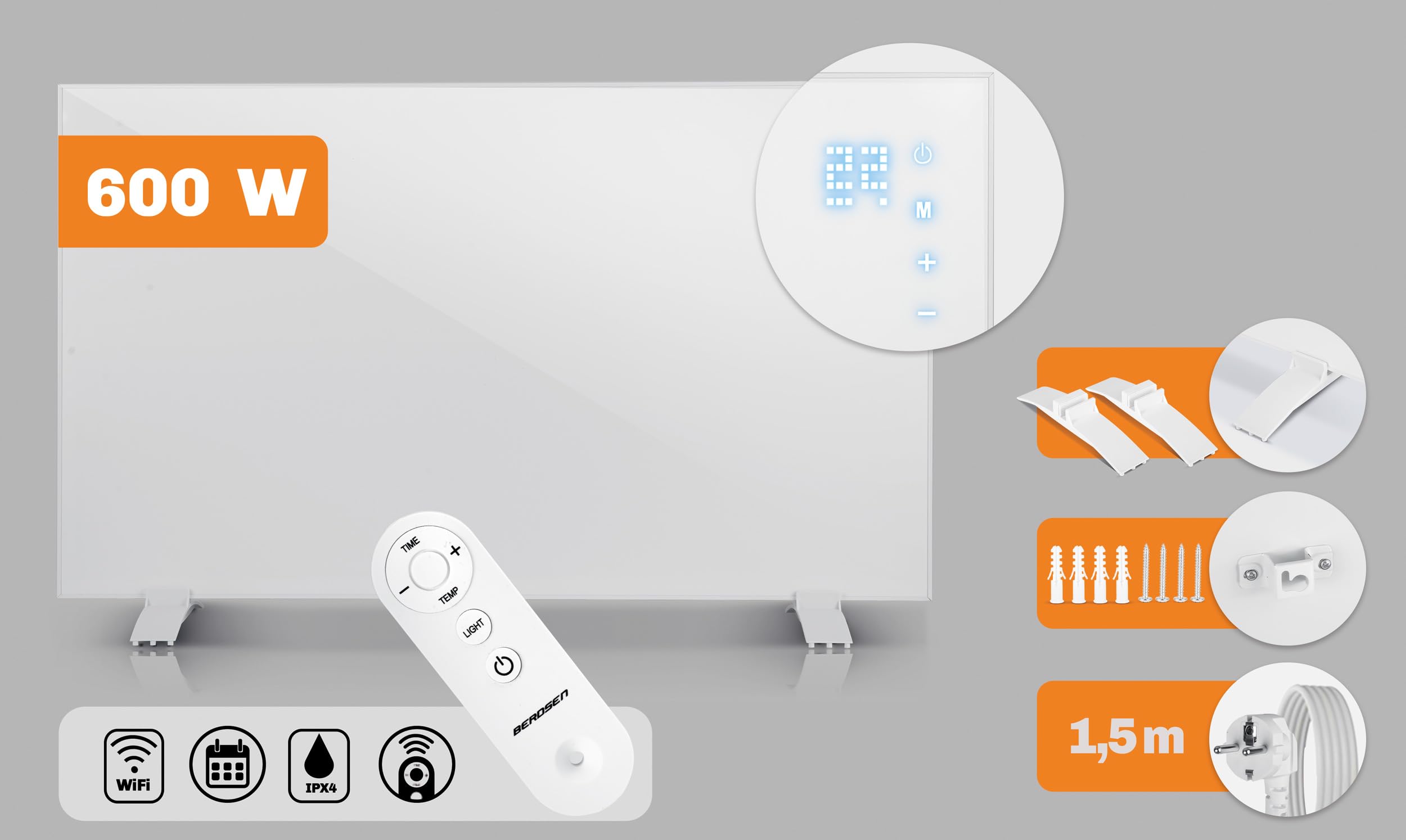Berdsen Grzejnik na Podczerwień - Panel Grzewczy - 600 W - Szybkie Nagrzewanie - Panel Dotykowy - Pilot WiFi Aplikacja - Timer 1-9 h