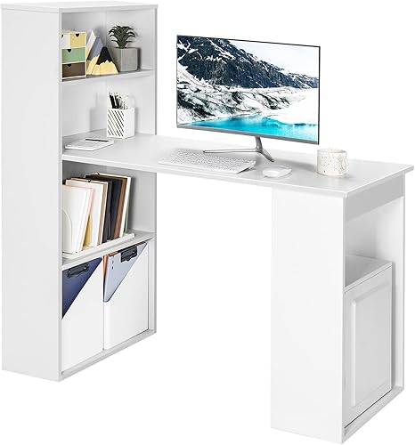 Tangkula Escritorio blanco para computadora con estantería, escritorio de estudio con estantes de almacenamiento y soporte para CPU, estación de