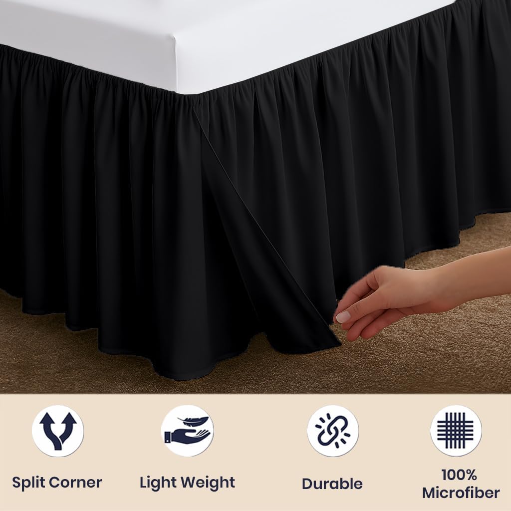 SGI bedding 24 Inch Drop Ruffled Bed Skirt Queen Size - Classic Gathered Styling, Platform Style Dust Ruffle with Secure Fit, Split Corners, Wrinkle-Resistant Microfiber - Black