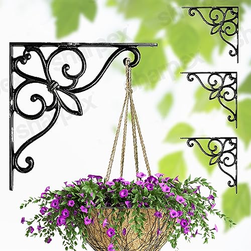 Image of Sharpex Wall Mounted Metal Bracket | Decorative Wall Hook Plant Hanger for Hanging Pots, Bird Feeders, Flower Baskets, Planters, Lanterns, Lamps, and Wind Chimes for Indoor /Outdoor Use (Black, 4 Pc)