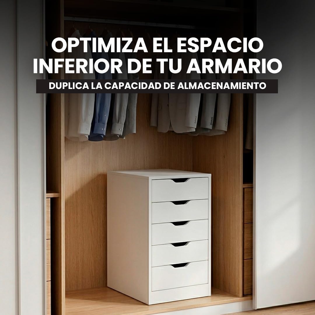 Marctani Cajonera Escritorio Blanca con 5 Cajones y Ruedas, Mueble Archivador Oficina de Madera para debajo de Mesa, Cajonera Pequeña y Estrecha (Fondo 30cm), Mueble Impresora con Ruedas