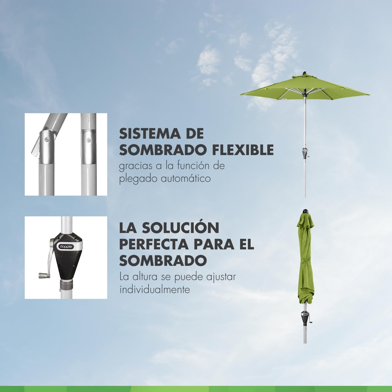 Doppler Sombrilla de jardín Active Auto Tilt Ø 210 cm: manivela con inclinación automática, plegable, protección UV FPS 50+, poliéster resistente a la intemperie, estructura de acero en color plata