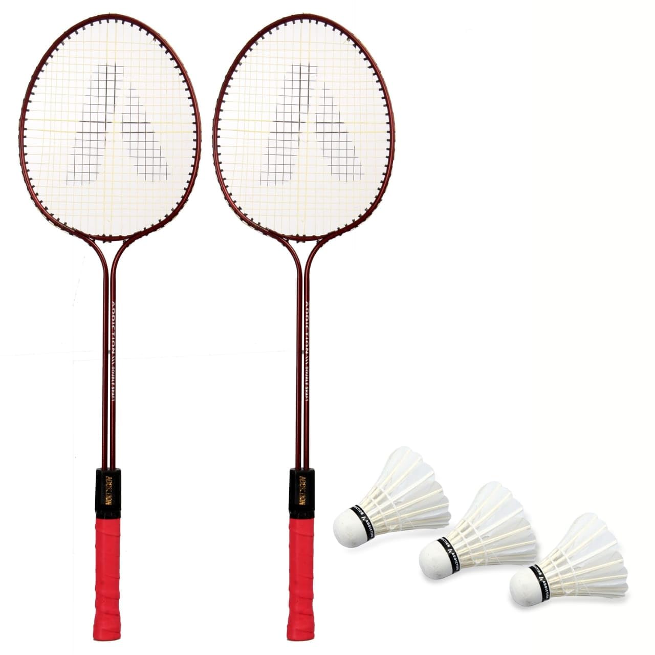 Addiction Red Rod Double Badminton Set with 3 shuttles Cock (Combo)