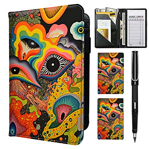RAUEDWDJS Server Book for Waitress with Everlasting Pencil, Money Pocket Leather Wallet Booklet, Guest Check Receipt Holder Presenters, Waiter Accessories Fit Server Apron, Trippy Eye