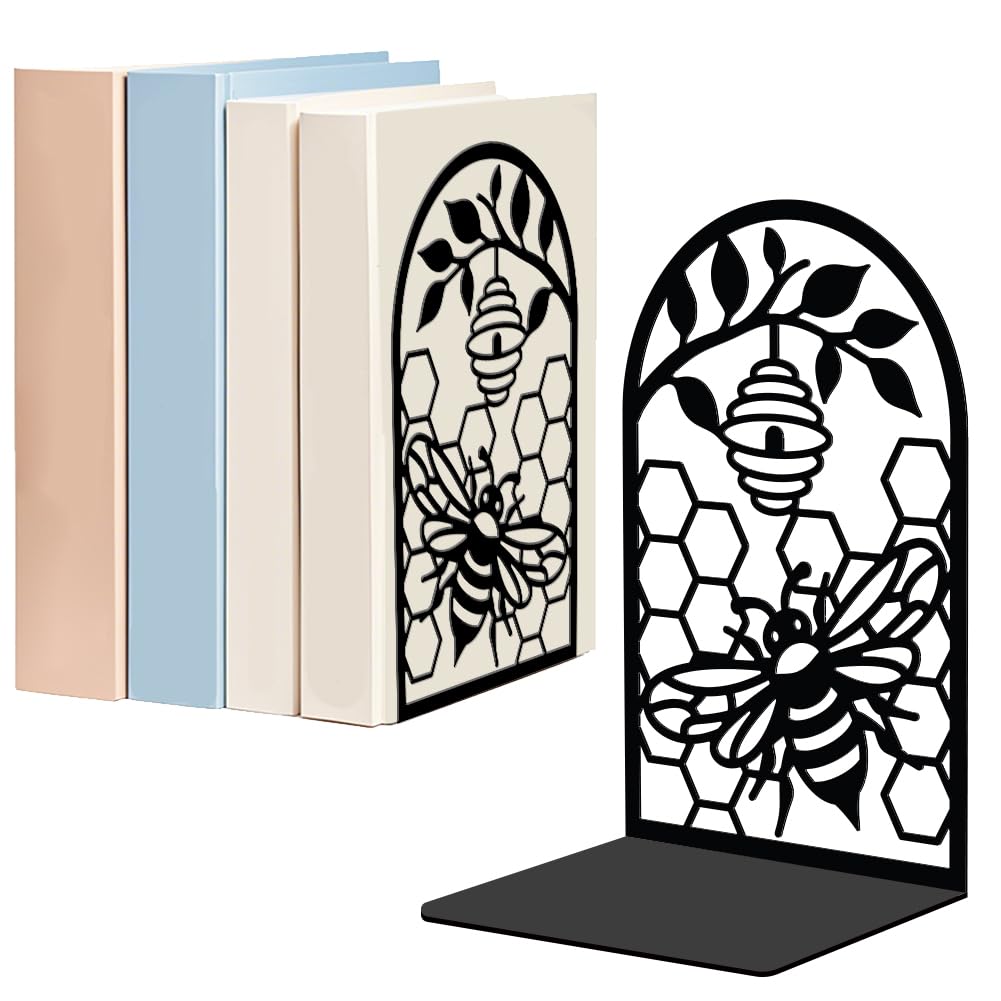 WADORN 1 Pair Honey Bees Honeycomb Metal Decorative Bookend for Shelves, Heavy Duty Book Ends Modern Non-Skid Book Holder Unique Design Books Stoppers for Desk School Library Home Office CDs File