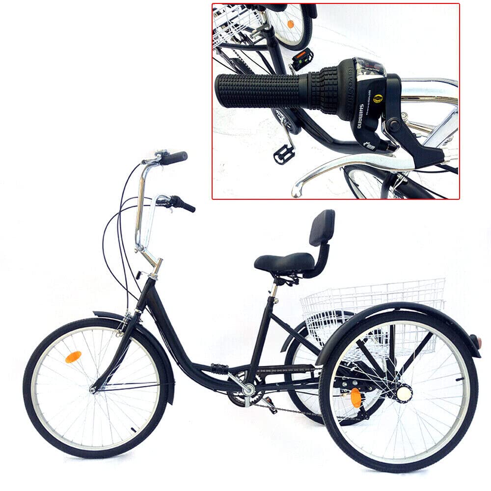24 Pollici Triciclo per Adulti Bicicletta 3 Ruote Adulto Regolabile in Altezza con Parafango e Maniglia Antiscivolo 6 Velocità Triciclo con Cestino, per Uomo, Donna, Senior