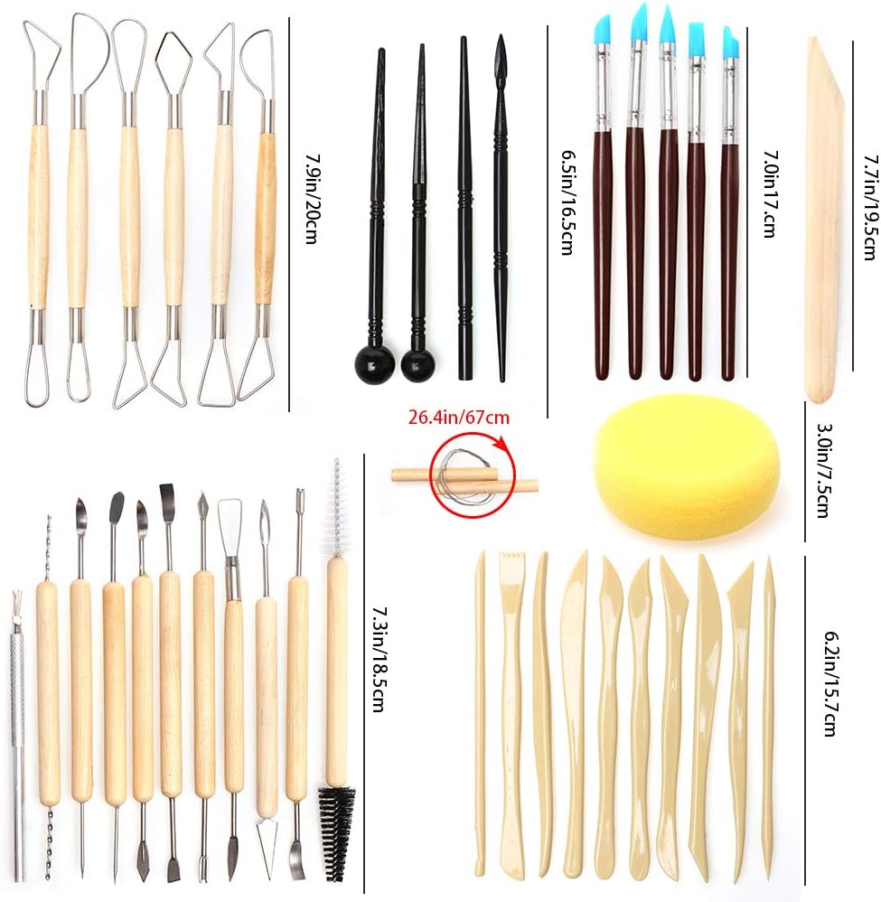 LAMPTOP Pottery & Polymer Clay Tools, 61-Piece Sculpting Set, Steel Tip Tools with Wooden Handles, for Pottery Modeling, Carving & Ceramics