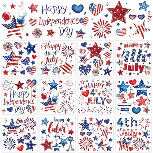 Whaline 12 Sheets Patriotic Rub on Transfer for Crafts Rub on Transfer Stickers Red Blue Star Heart Fireworks Furniture Decals for 250th Anniversary 4th of July Independence Day 5.5 x 5.5 Inch