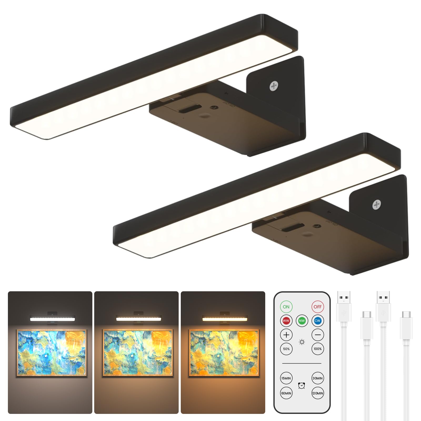 2 Pack Rechargeable Picture Lights for Wall, 3500mAh Battery Operated with Remote Control, Wireless Wall Lamp with 3 Color Temperatures & Dimmable, LED Dartboard Light for Paintings,Dartboards