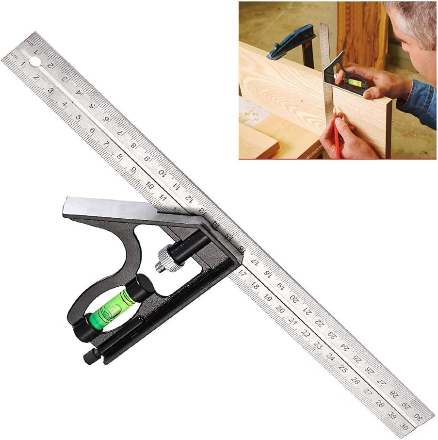 Combination Square 12Inch/300mm, Engineers Set Square, Stainless Steel Angle Ruler, Adjustable Carpentry Square 45/90 Degree with Bubble Level, Measuring Tool for Engineer Carpenter