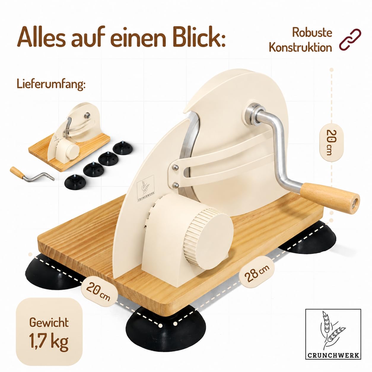 Brotschneidemaschine manuell – Hochwertiger Edelstahl Allesschneider mit Kurbel & Holzbrett | Präziser Schnitt, Retro-Design, rutschfeste Saugfüße für Brotliebhaber | Beige