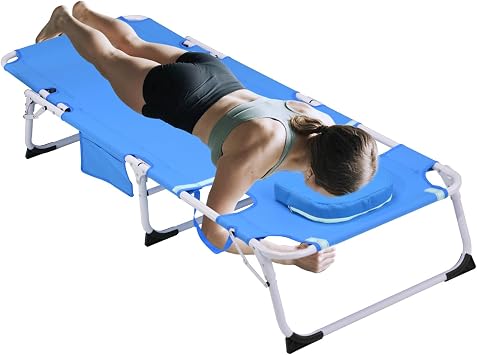 3-in-1 Heavy Duty Tanning Chair with Face Hole Adjustable 5-Position Folding Chaise Lounge Chairs Outside Portable Lay Flat Beach Lounge Chair for Outdoor Sunbathing Patio Pool Lawn Blue