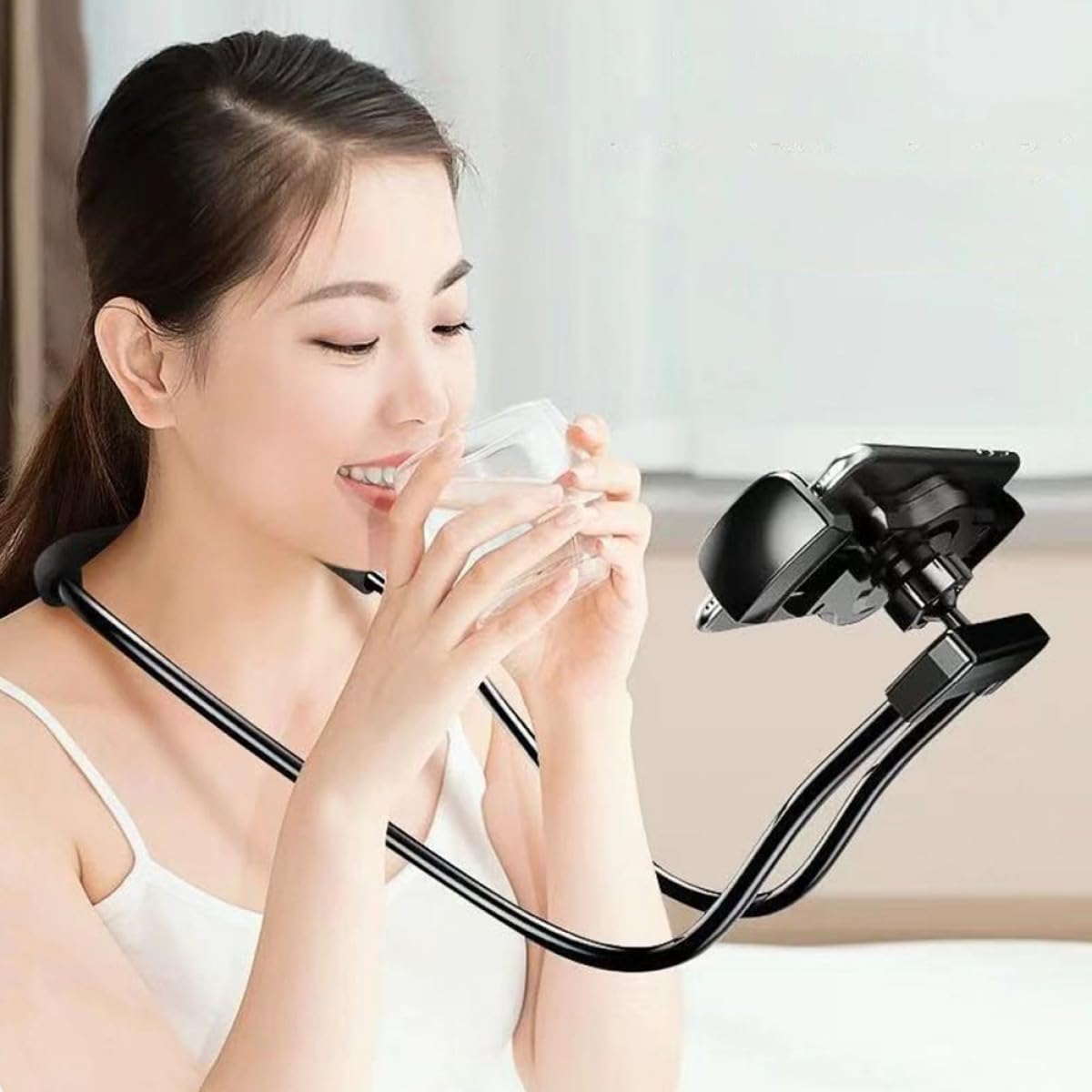 Uonlytech Soporte para Tableta Tipo Cuello Colgante Negro, Flexible y Giratorio, Material Aluminio- y Silicona, Cómodo Cuello y Uso en Casa
