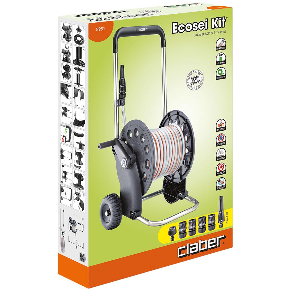 Claber Ecosei Kit, Schlauchwagen mit Schlauch und Jet-Sprüh-Düse, Schwarz