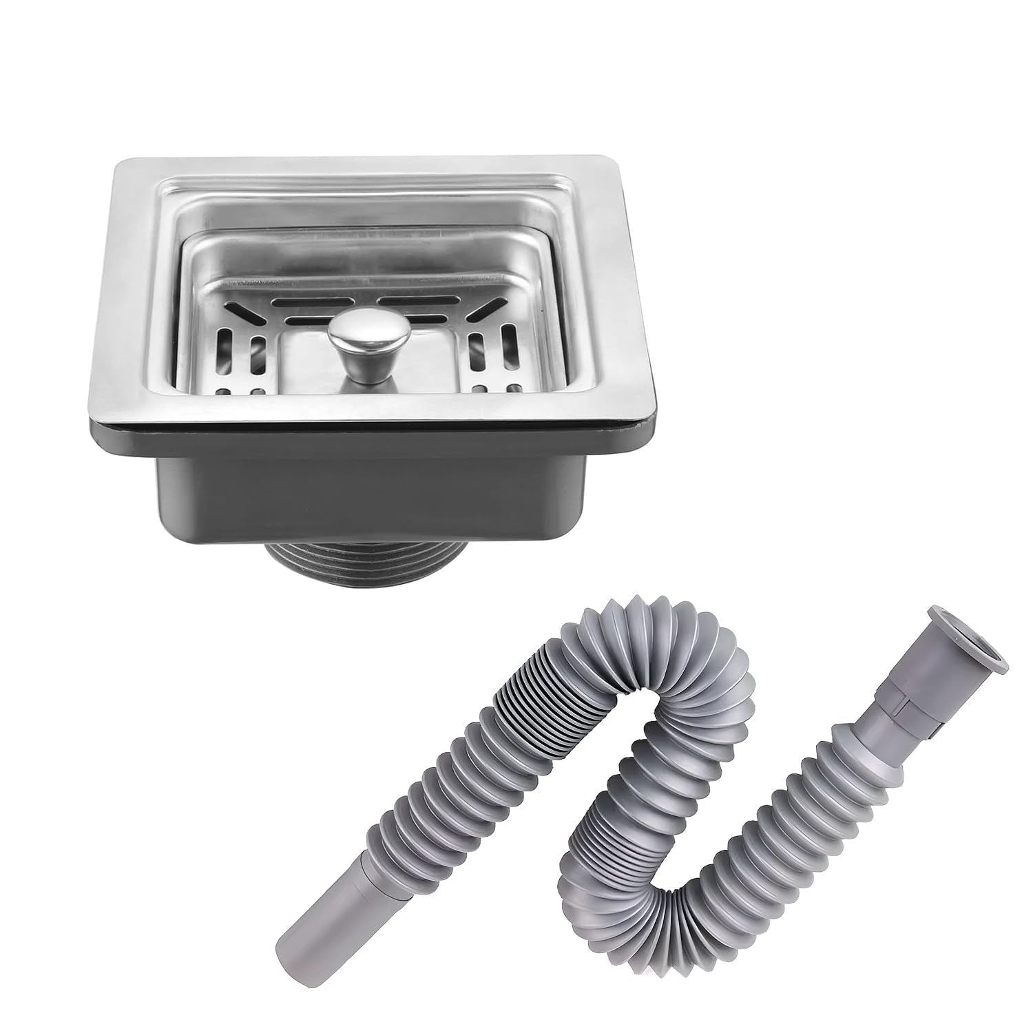 Furiq Bath Stainless Steel Kitchen Sink Waste Coupling Combo | 4.5 Inch Square Sink Drainer with 36 Inch Flexible Basin Waste Pipe | Rust-Resistant Silver Finish | Easy Installation-image-32
