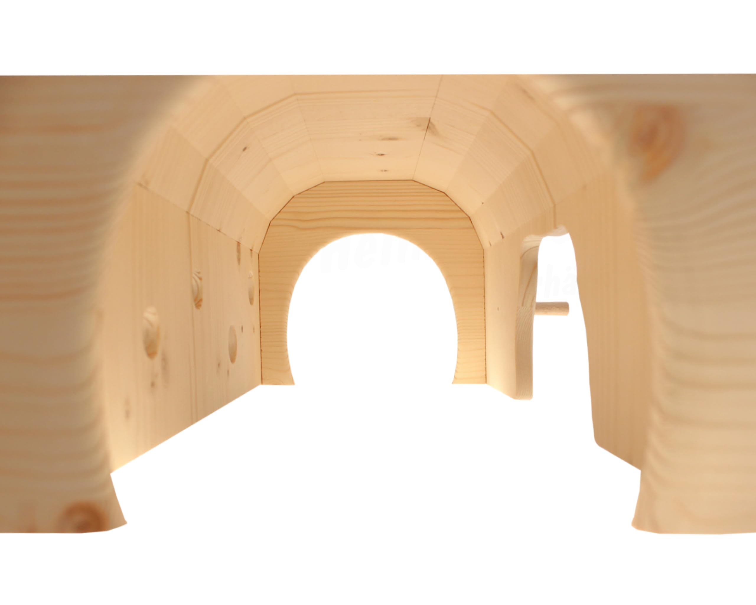 Resch Nr46 Futtertunnel naturbelassenes Massivholz aus Fichte/Mit 3 großen EIN-/ Ausgängen, eine Lochwand und Rundstäben zum stecken oder hängen von Snacks / 38,5 x 18,4 x 23,2 cm (LxHxB)