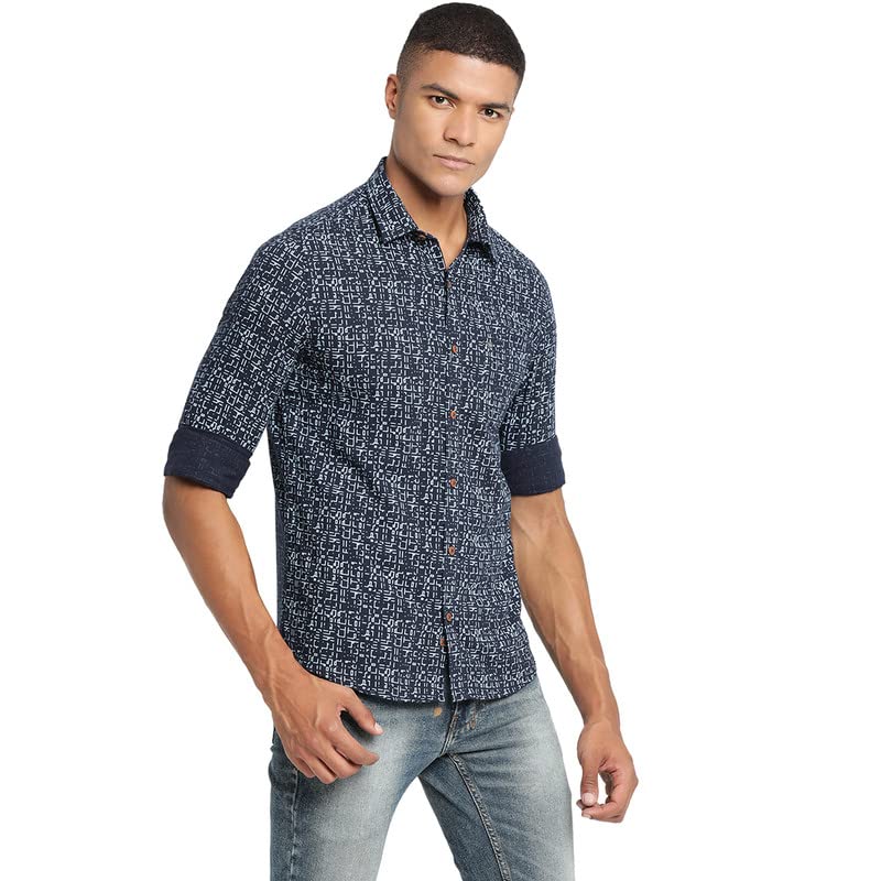Image of Turtle Men Navy Blue Khadi Printed Slim Fit Casual Shirts