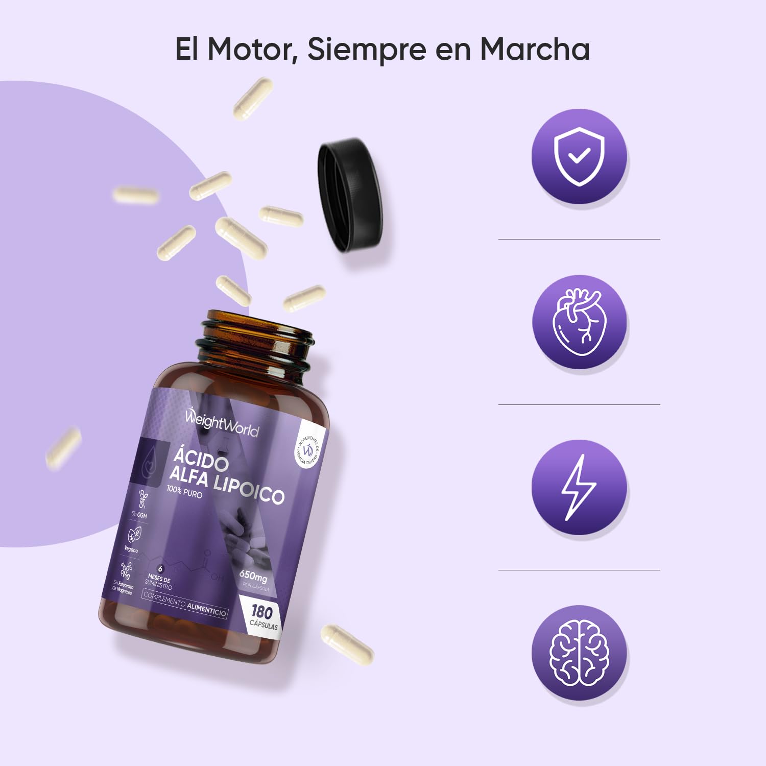 Ácido Alfa Lipoico 650 mg - 180 Cápsulas de ALA 100% Puro para 6 Meses - Sin OGM ni Aditivos, Apto para Dietas Vegana, Sin Estearato de Magnesio y Sin Gluten