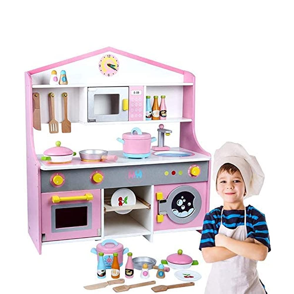 AMERTEERKids Kitchen Playset, Wooden Toy Kitchen Set with Utensils, Pots, Pans, and Cooking Accessories, Pretend Play Montessori Chef Role Toy for Toddlers, Gift for Girls & Boys Age 3-6 Year