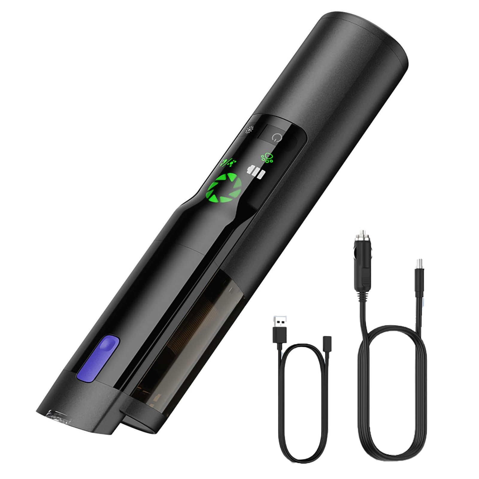 Aspiradora para Coche con Potente succión de 17000 Pa, Modo de luz Verde, 2500 mAh*3, 2 en 1 con boquillas de inflado, autonomía de 40 Minutos, para Coche y hogar,Black