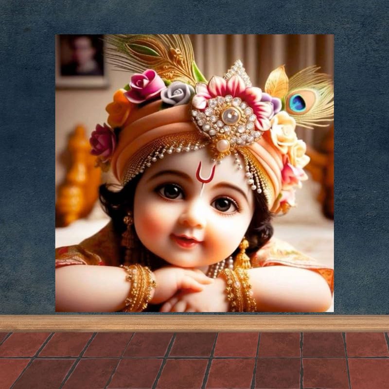Image of British Terminal Cute little Bal Gopal Baby God Krishna| Kanha Ji | Laddu Lord Makhan Chor Painting Religious Poster for Pregnant Women for wall (matt thin vinyl,sticker,multicolor,unframed)| bj208