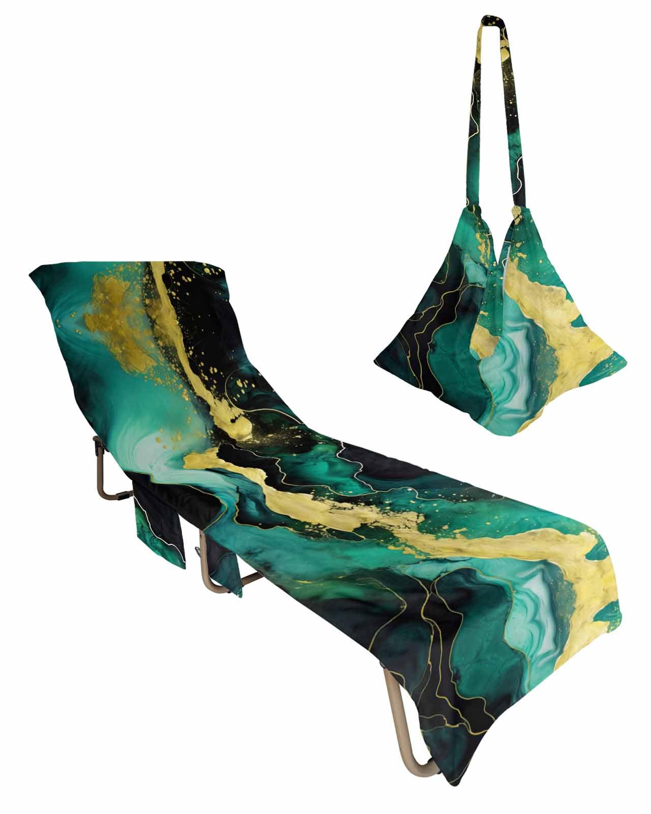 Turquoise Black Beach Lounge Chair Towel Cover, Soft Chaise Lounge Towel with Side Pockets Patio Pool Chairs Cover for Beach/Pool Sunbathing 29x85 Modern Marble Abstract Art Yellow