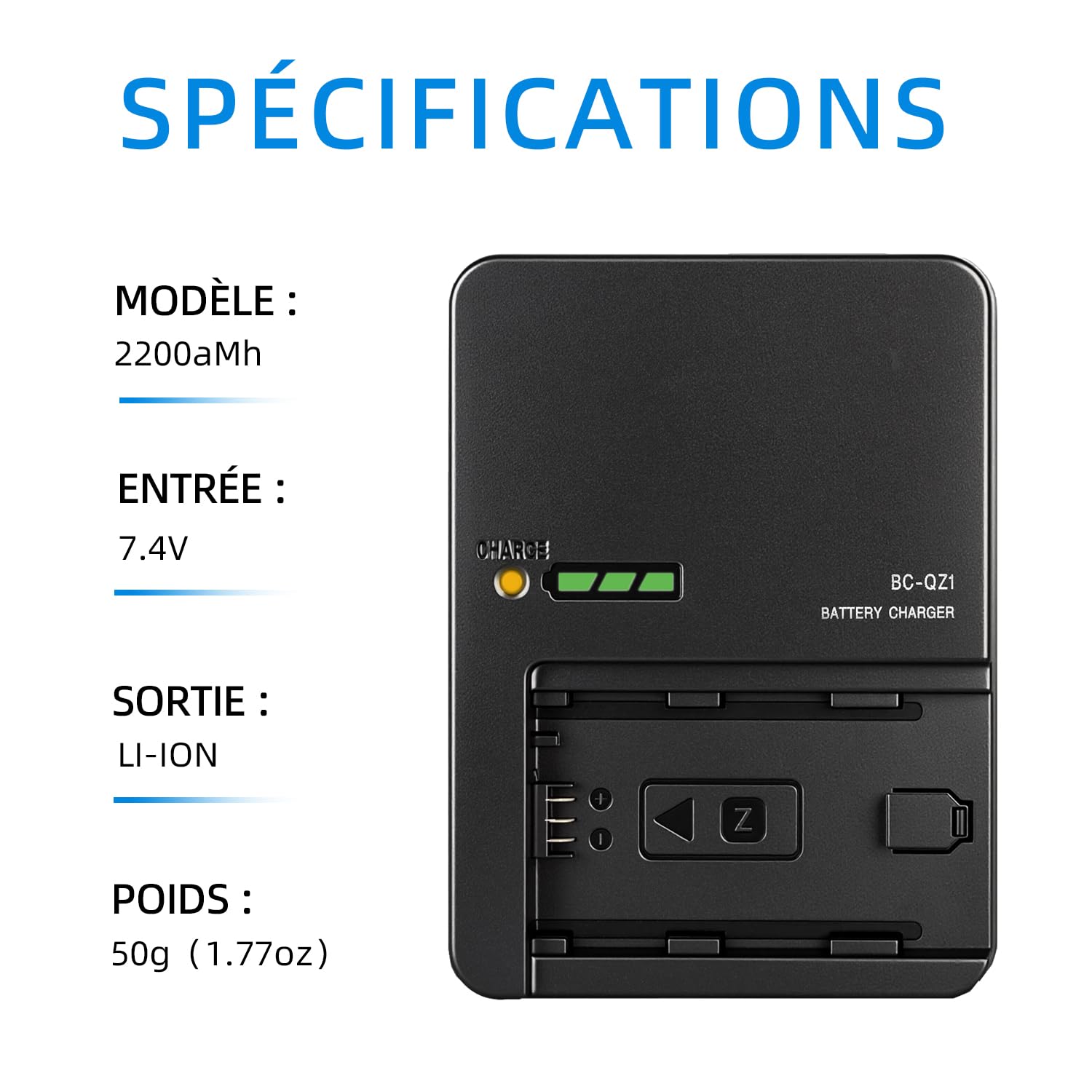 NP-FZ100 BC-QZ1 Chargeur Batterie Applicable à np-fz100 Batterie Compatible avec Sony ZV-E10II, A9 II, A7 III, A7 IV, A7R III/A7R3, A7R IV, A7R V, A7C, A7S III/A7S3, A9, A6600, A9R, 9S, FX3