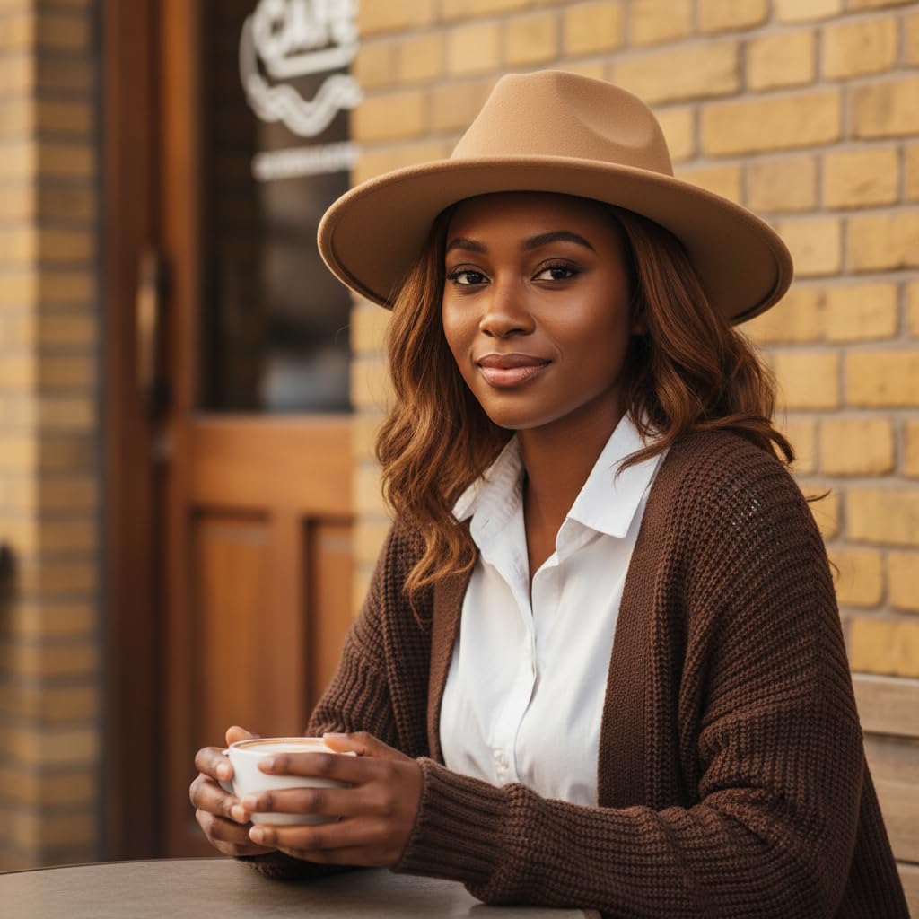 QUUPY Kaki Classique Felt Fedora Chapeau Large Bord Soft Hair Panama Chapeau Automne Hiver Jazz avec Rivet Boucle déployante et Cordon de Serrage réglable