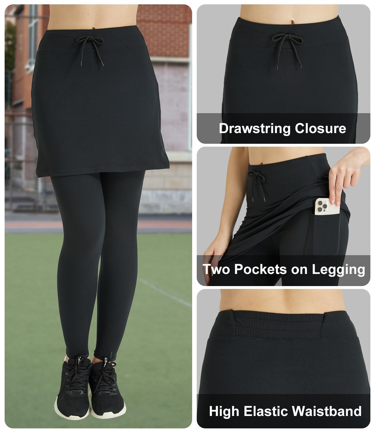 Falda Pantalón de Deportiva Mujer Deporte Leggins con Falda La Altura del Tobillo Mallas con Falda Tennis Ropa Tela elástica 2 en 1 Skapri con Bolsillos(Negro-Cordón,S)