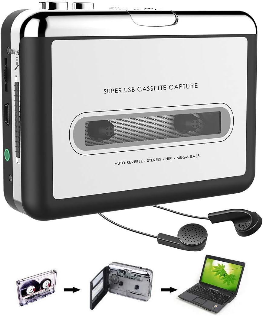 Cassette Player, Cassette Tape to MP3 CD Converter via USB, Portable Cassette Player Converter Cassette Tape to Digital MP3, Compatible with Laptop, Mac and PC, with Earphones