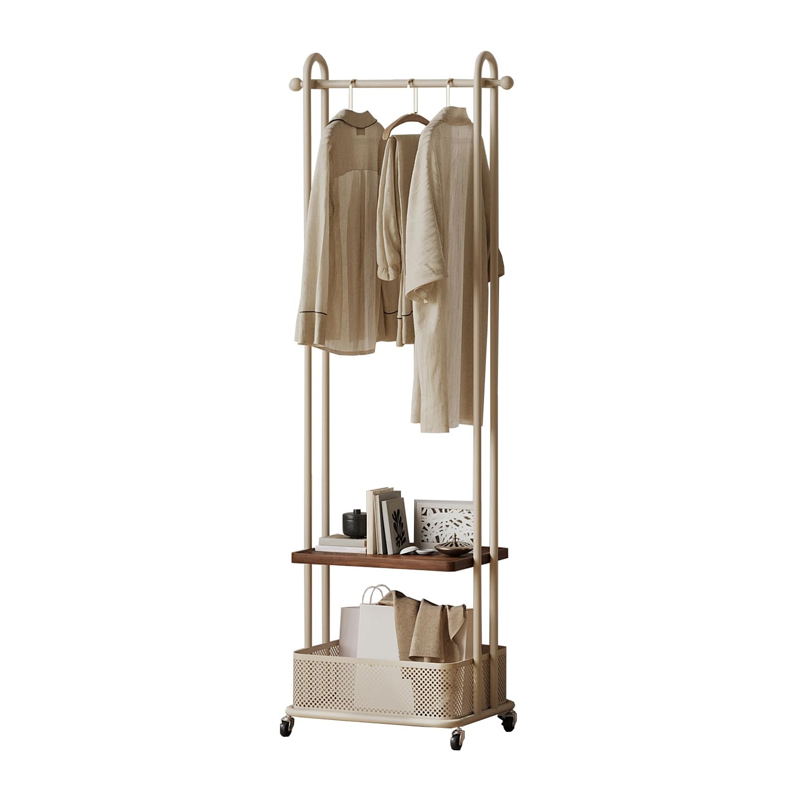 Mobile Clothing Rack With Wheel,Freestanding Garment Rack With Wooden Shelf