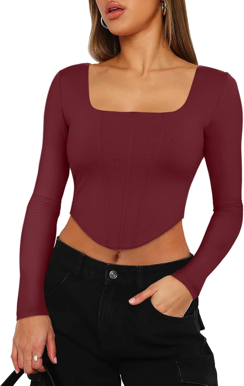 REORIA Womens Trendy Sexy Square Neck Long Sleeve Backless Y2K Going Out Boned Bustier Corset Crop Tops - Image 4