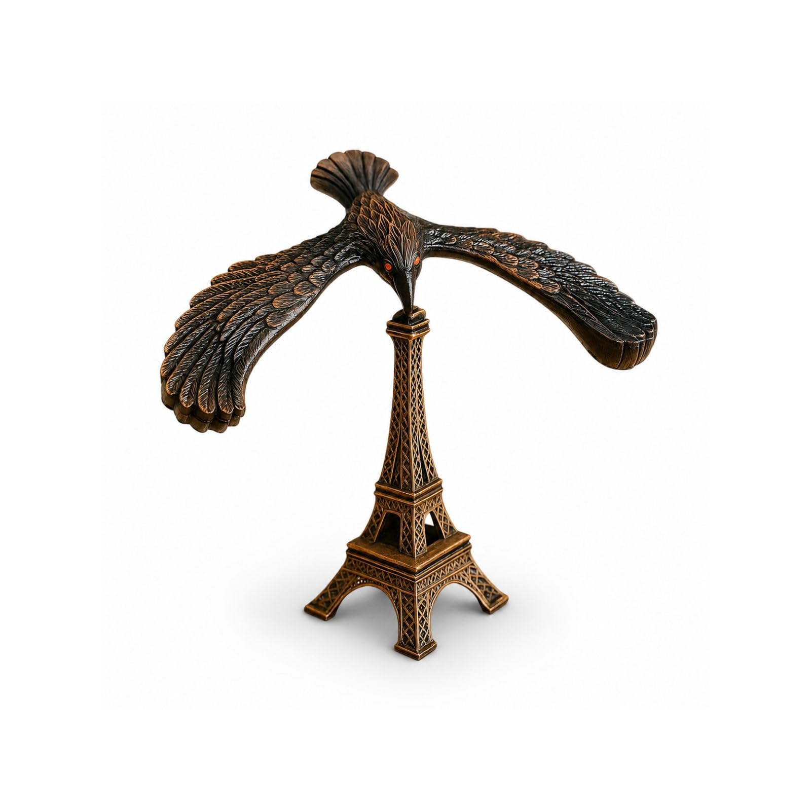 KM Wood Art Metal Eiffel Tower with Balancing Crow Showpiece | Unique Desk Decor | Antique Finish | Home Office Table Decoration | Black Color | 14x13x5 cm-image-18