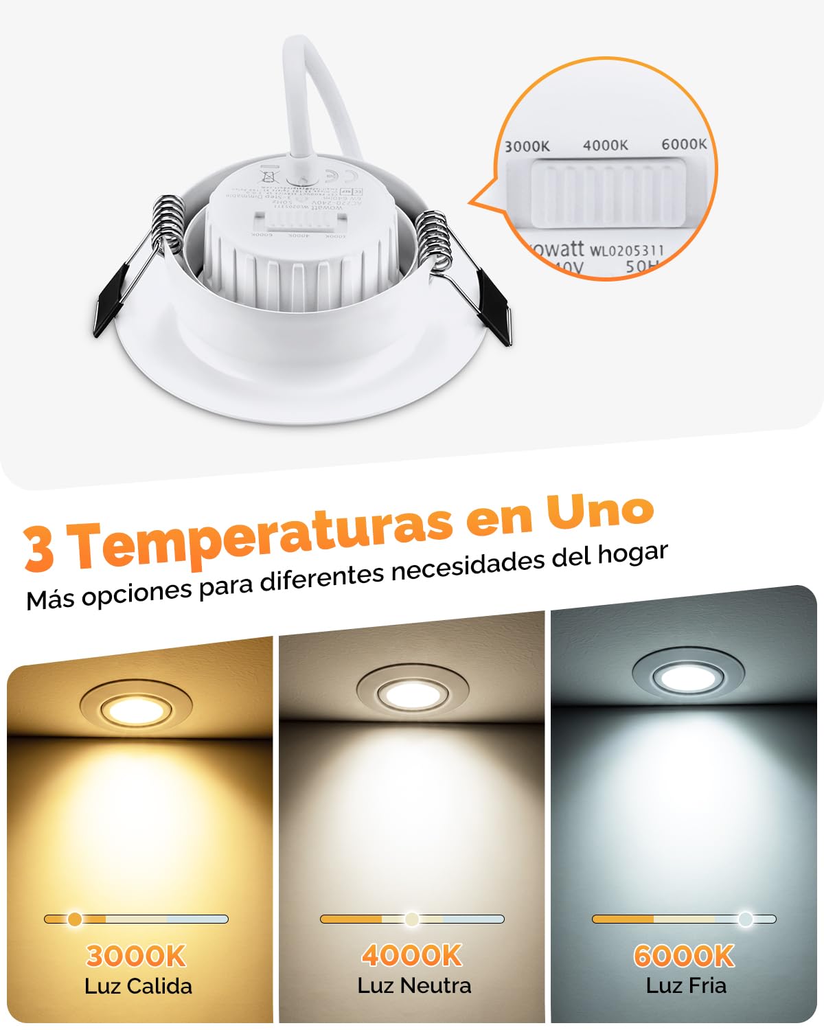 wowatt 6 Pack Focos LED Interior Techo Regulable Orientable 6W 640LM 3CCT | Luz Calida 3000K Luz Neutra 4000K Frío 6000K Downlight LED Techo Empotrable, IP44 Ojos de Buey LED para Baño, Corte 68mm-75mm