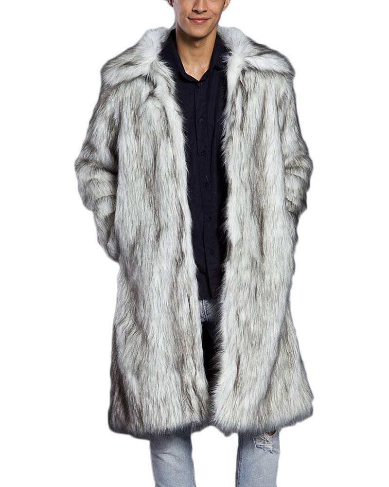 Dianshaoa Men's Grey Faux Fur Coat Long Lapel Trench Coat Overcoat Outerwear Jacket Parka Coat M