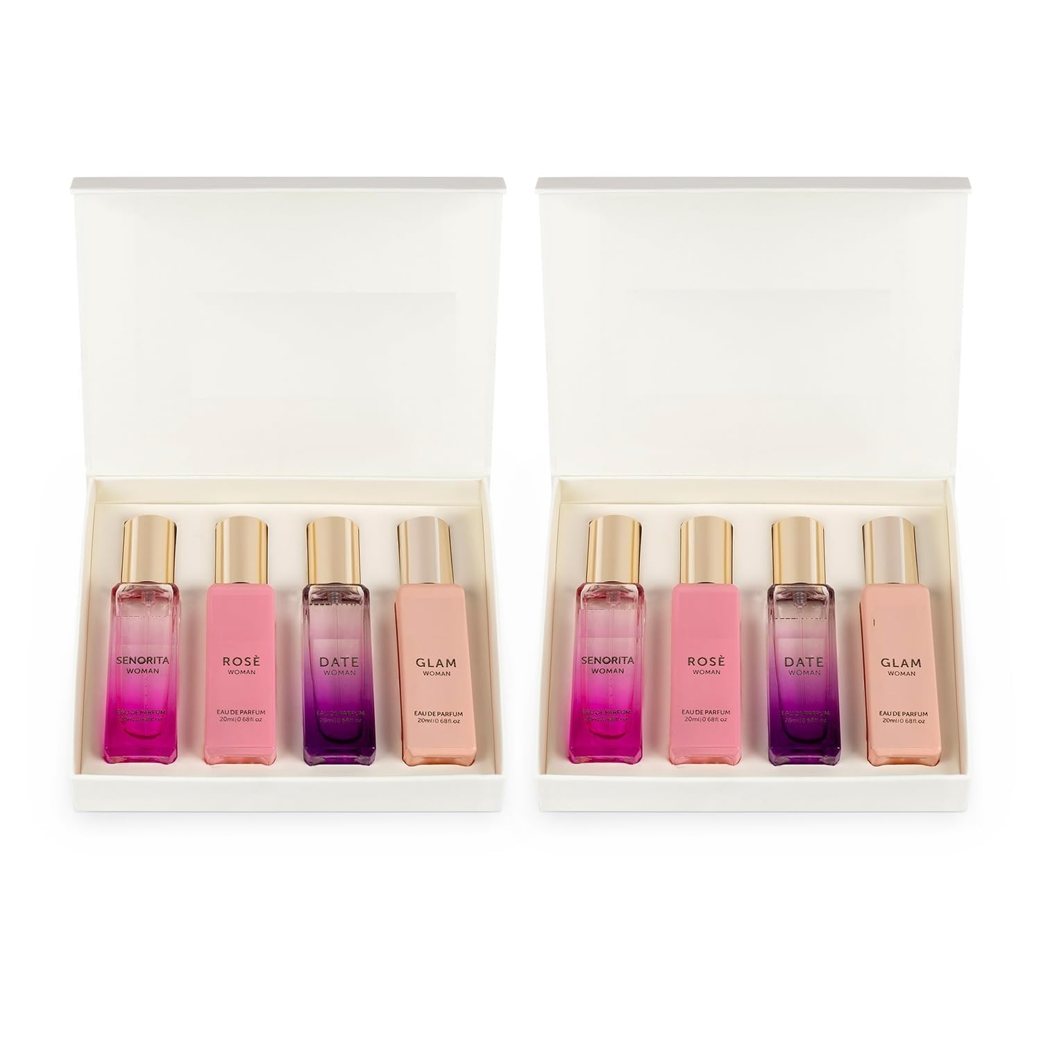 Luksusowy zestaw upominkowy dla kobiet z długim czasem trwałym | 4x20ml (opakowanie 2) | Premium Zapach Kwiatowy i Owocowy | Date, Senorita, Glam, Róża | Gifts for Women