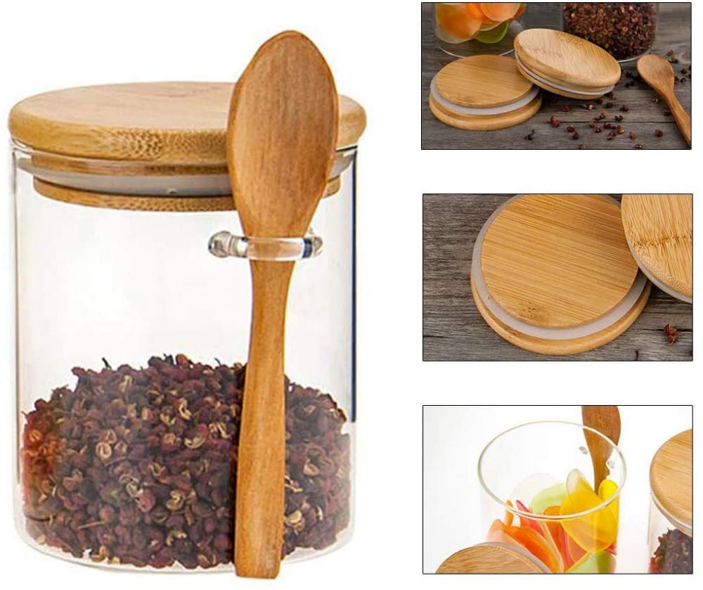 Barattoli di vetro con coperchi e cucchiai in bambù, barattoli in vetro borosilicato da 530 ml, contenitori per avena durante la notte, ermetici, trasparenti, per biscotti, caramelle, chicchi di