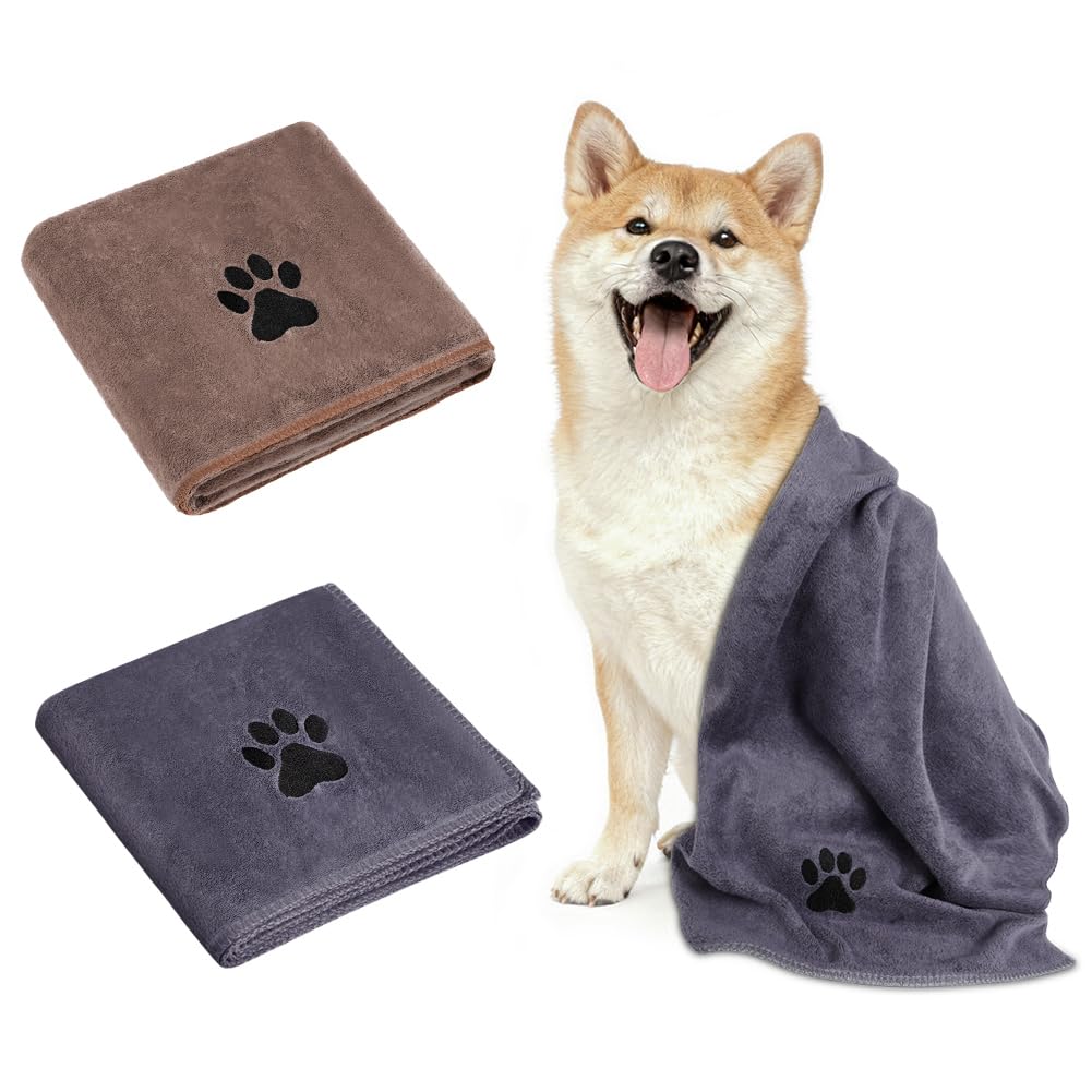 Adiwo 2 Pcs Large Microfiber Dog Towel, Soft Luxury Super Absorbent Dog Towel, Dries Pets Quickly, Machine Wash, Hand Washing and Dry, Bath Towel for All Breeds Dogs and Cats (100x50cm, Brown+Grey)