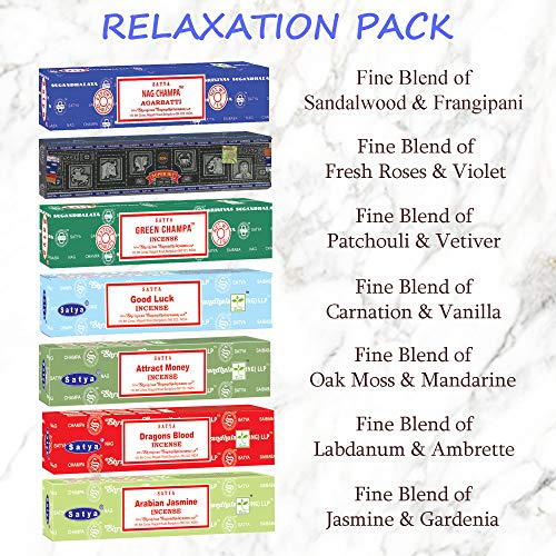 Image of Satya Incense Sticks Gift Set, 7 Scents, Nag Champa, Dragon's Blood, Arabian Jasmine, Super Hit, Green Champa, Goodluck, Attract Money, 15g Each (Relaxation Mix)