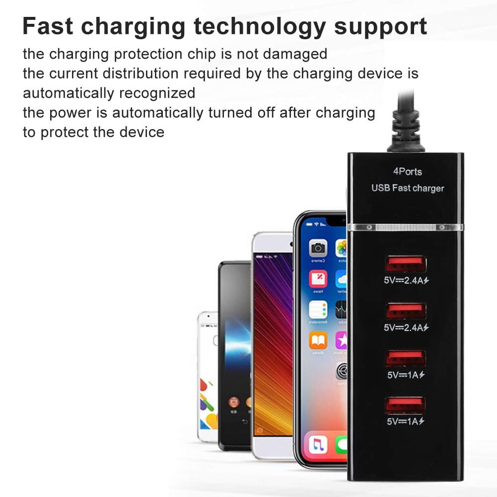 Dpofirs USB-Verlängerungskabel, 4 Anschlüsse USB-Handy-Schnellladegerät, universeller 3A-Kabelladegerät-Desktop mit Schaltkreisschutz für Büros, Familien, Geschäftsreisen(Schwarz)