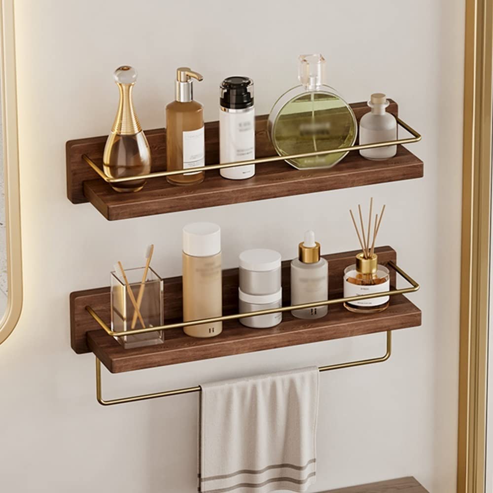 NevStp Estante organizador de madera maciza para ducha, estantes flotantes, accesorios de ducha, multifuncional, para baños, cocinas, dormitorios, con gancho, toallero, 45 cm