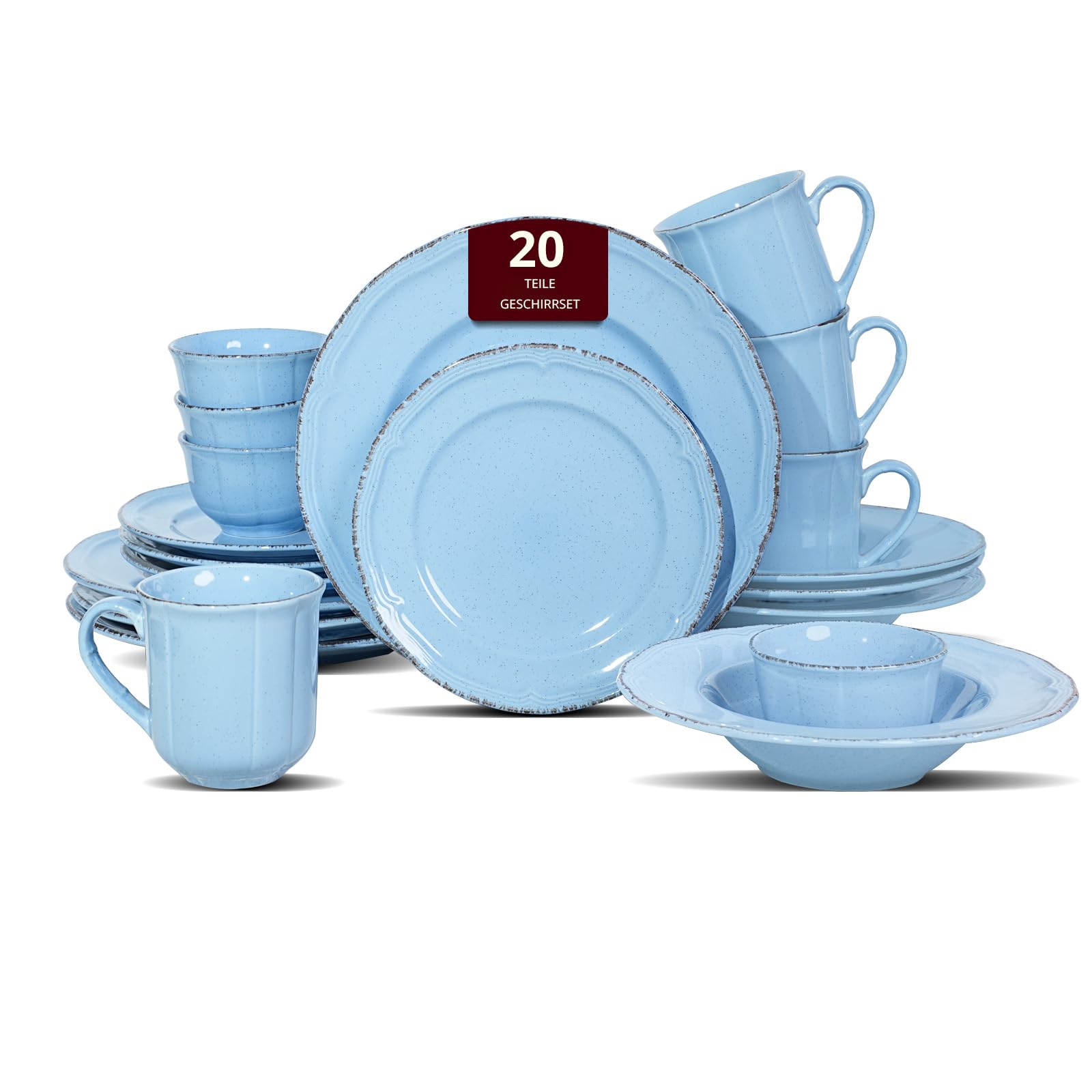 Service de table 20 pièces en grès pour 4 personnes, résistant aux rayures, motif campagne française mouchetée (Blue)
